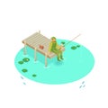 Isometric vector vacation on the lake. A man with a fishing rod sitt Royalty Free Stock Photo